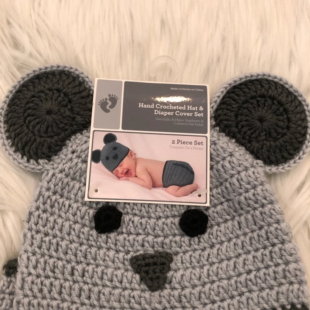 Baby Hand Crocheted Hat & Diaper Cover Set Gray